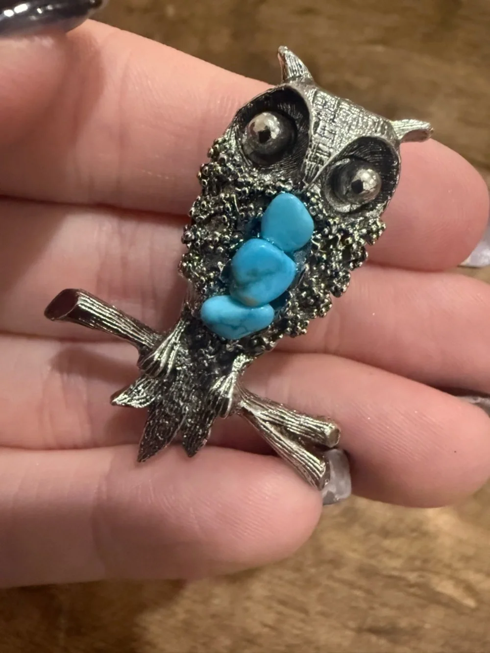 Vintage Silver Tone Owl Brooch with Turquoise Accents
